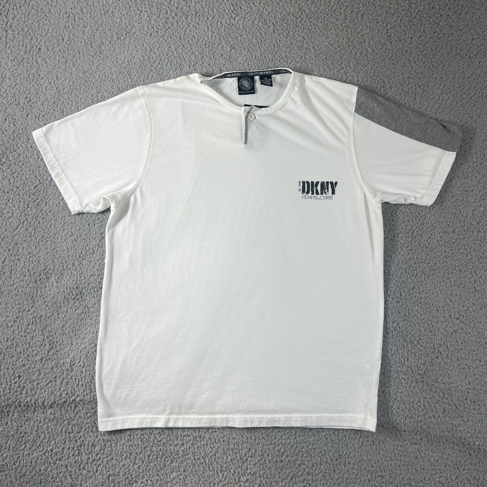 DKNY‎ Jeans Henley Shirt Men's M White Grey Colorblock Distressed Logo VTG NWT